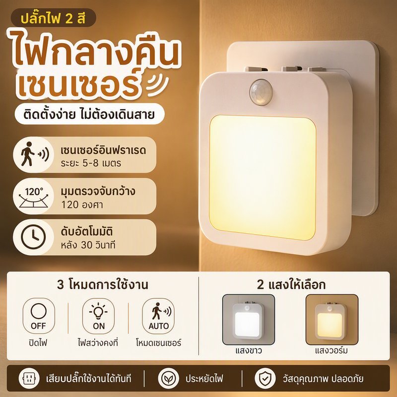 ไฟกลางคืนอัตโนมัติ ปลั๊กอิน เปิดเมื่อมีคน ปรับความสว่างได้ แสงโทนอบอุ่น/แสงสีขาว เหมาะสำหรับทางเดินและตู้เสื้อผ้า
