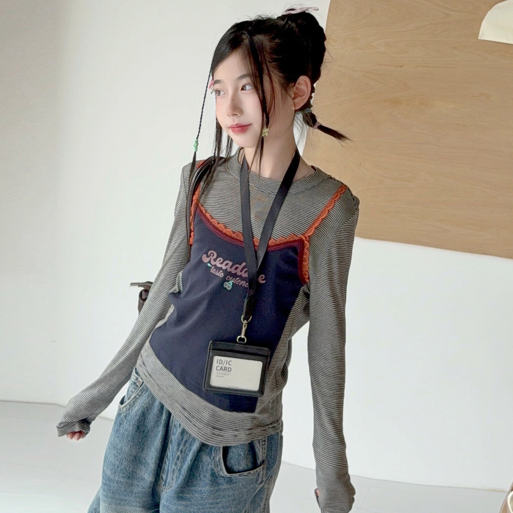 ฤดูใบไม้ร่วงสาวเวอร์ชั่นเกาหลีปลอมสองชิ้นสีคมชัดแขนยาวเสื้อยืด5-14ปี
