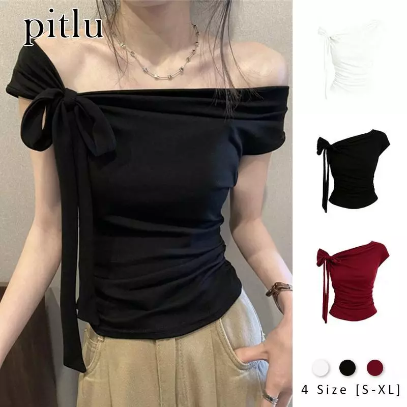 Pitlu เสื้อครอปสั้นไหล่ลำเอียง มัดโบว์ข้าง ด้านข้างรัดรูป แขนสั้น ทรงกระชับเอว สไตล์หวานเซ็กซี่ สีขาว สีดำ สีแดงไวน์ เสื้อท็อปผู้หญิงฤดูร้อน ส่งจากประเทศไทย