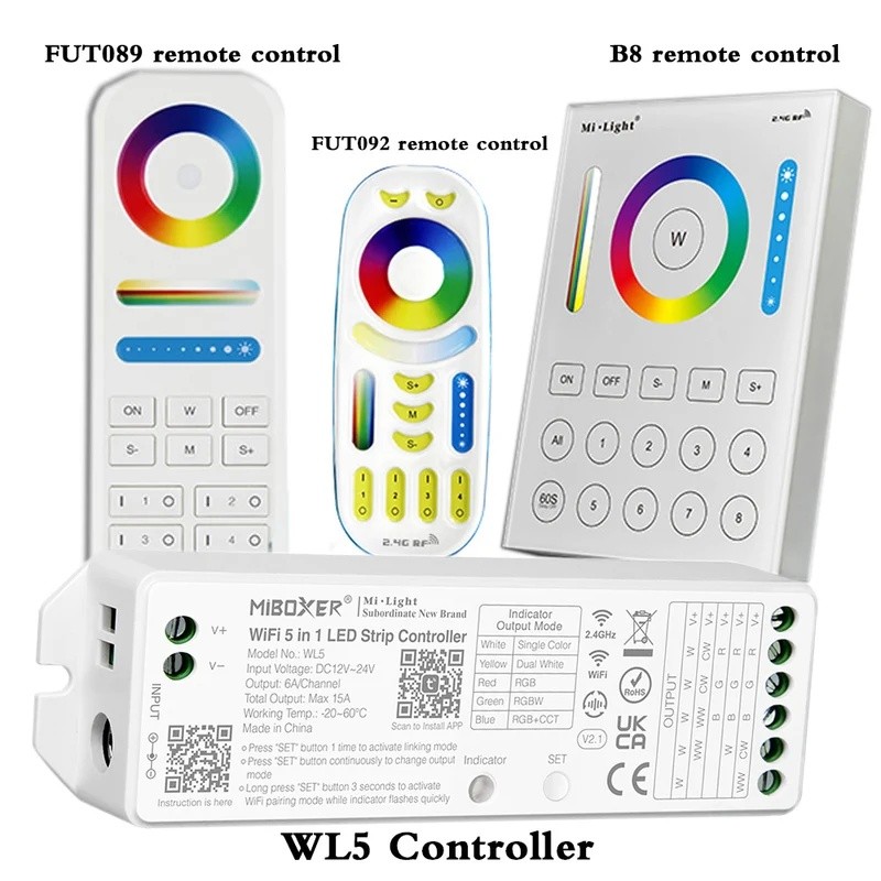 WL5 Wifi 5 in 1 LED Controller สําหรับ RGBW RGB+CCT ไฟ LED Strip; 2.4G Hz Remote: FUT092, 8 โซน FUT0