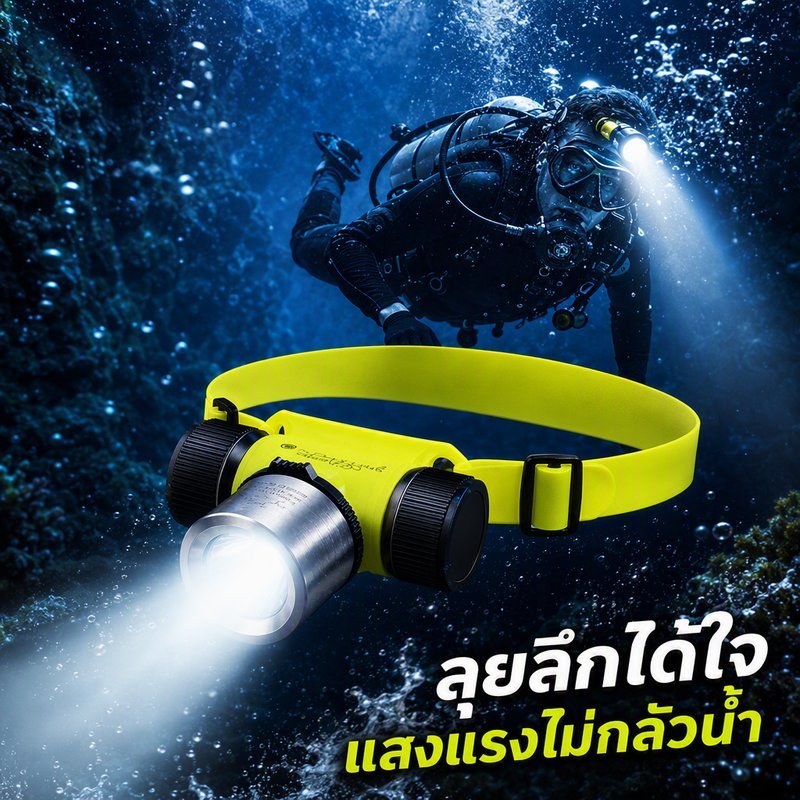ไฟฉายคาดหัวดำน้ำ ไฟฉายใต้น้ำ IP68 ดำน้ำลึก 100 ม ชาร์จได้ แสงขาว เหลือง สองสี จับปลา