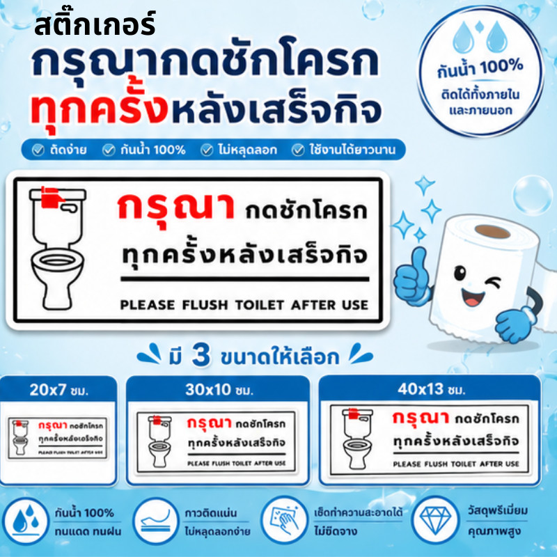 JIE HOME สติกเกอร์ กรุณากดชักโครกทุกครั้งหลังเสร็จกิจ ป้ายกดชักโครก ป้ายรักษาความสะอาด Please Flush Toilet