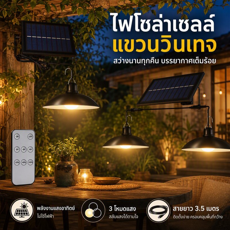 ไฟโซล่าเซลล์ โคมไฟสวน วินเทจ กันน้ำ IP65 รีโมท 3 โหมด แผงโซล่าเซลล์ สายยาว 3 5 1 2 โคม