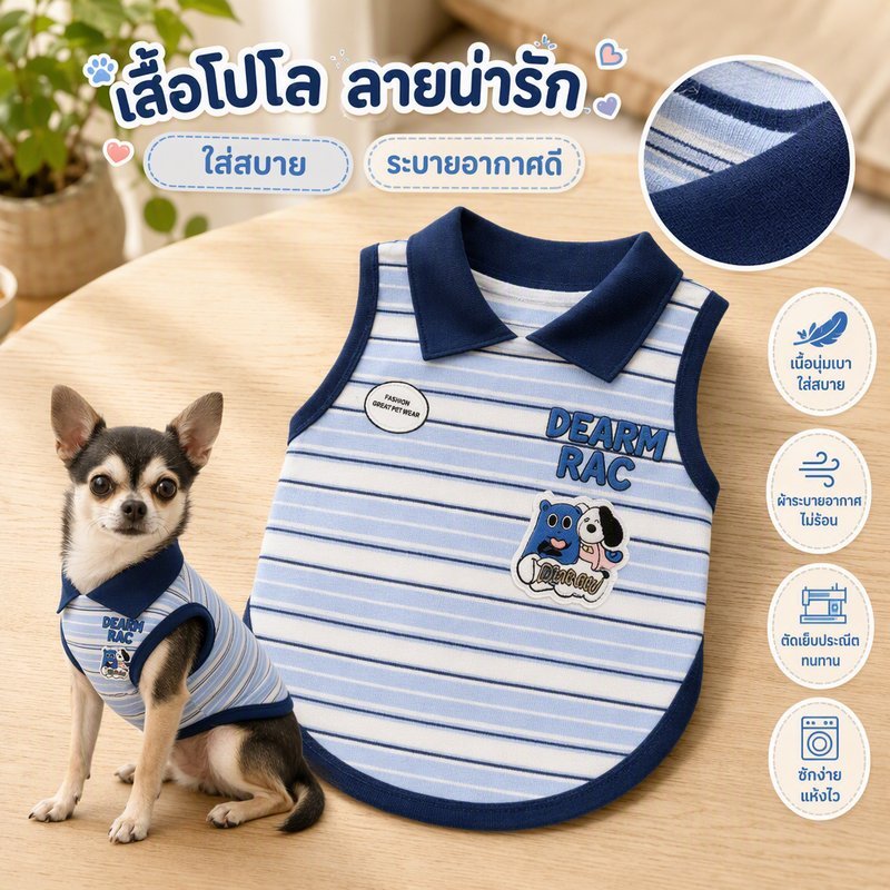 เสื้อกั๊กสุนัขแมว คอปกโปโล ลายทาง ระบายอากาศ แขนกุด ใส่สบาย สำหรับพันธุ์เล็ก XS ถึง XL