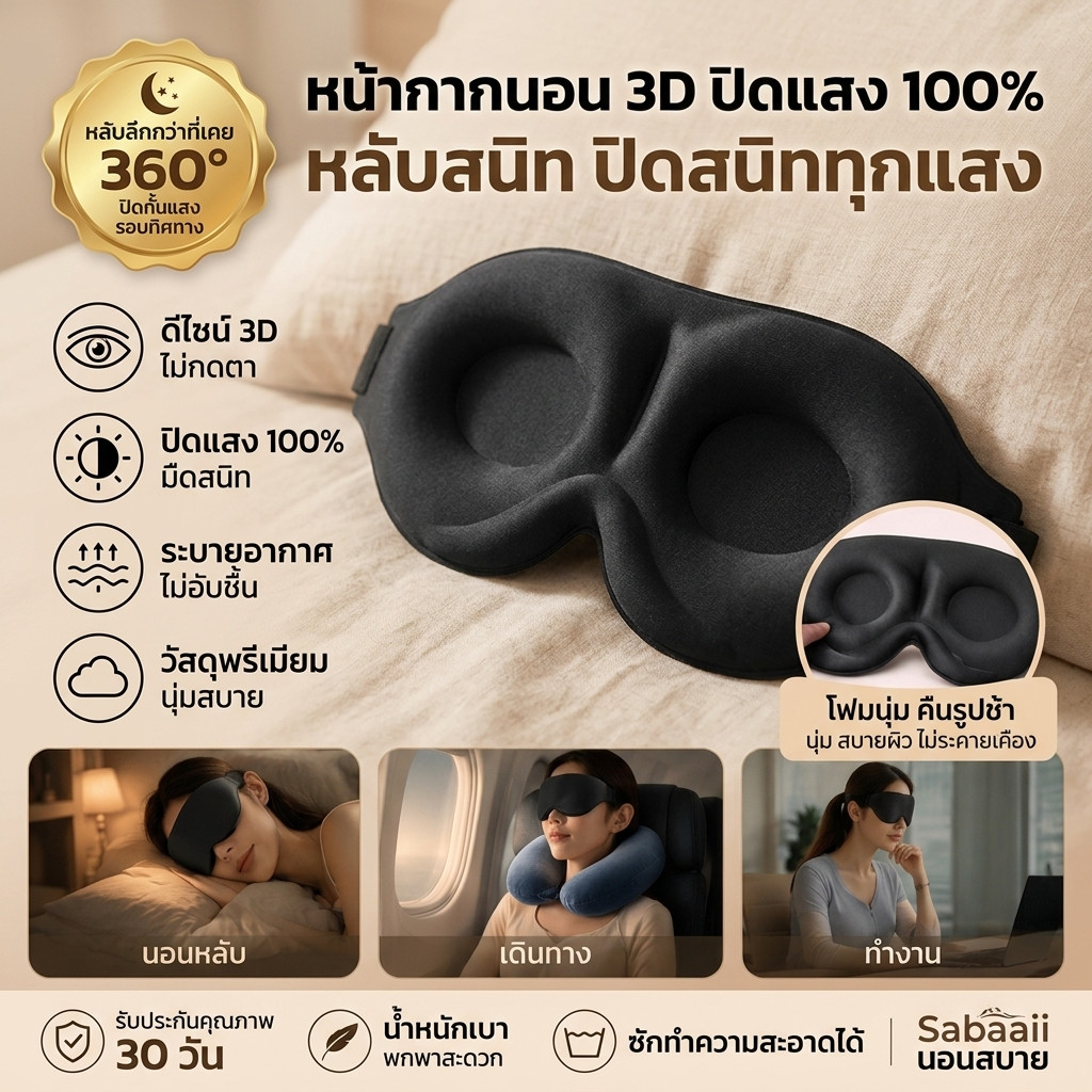 ผ้าปิดตานอน 3D หน้ากากปิดตากันแสง นุ่มสบาย ไม่กดตา ปรับสายได้ พกพาง่าย สำหรับนอน เดินทาง และออฟฟิศ