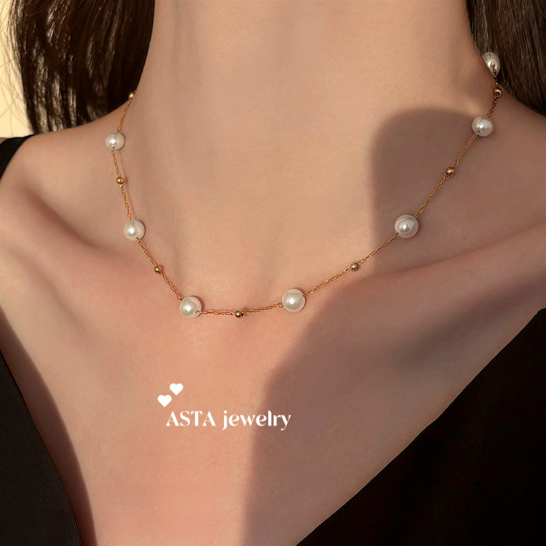 【ASTA】18K Gold Plated Pearl Spaced ลูกปัดสร้อยคอสร้อยคอผู้หญิงกันน้ํา Non Tarnish เครื่องประดับไทเทเ
