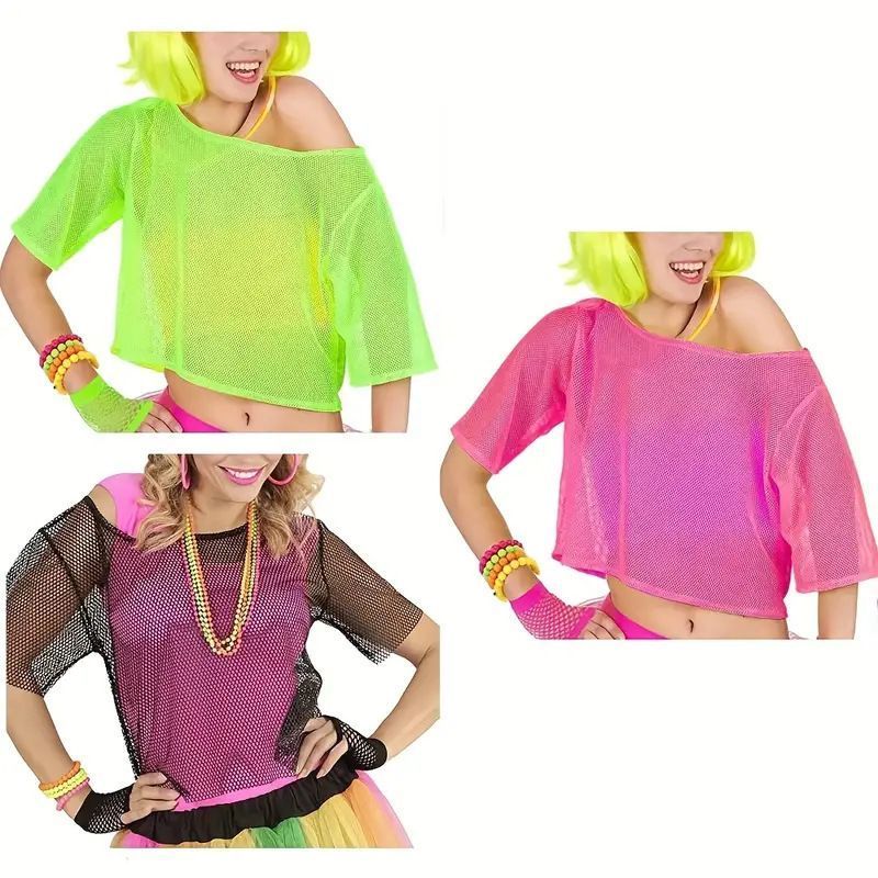สไตล์ใหม่ Carnival Ball 1980s NET ฟางชุดตาข่ายเสื้อยืด Party 80s เครื่องแต่งกาย 8.17
