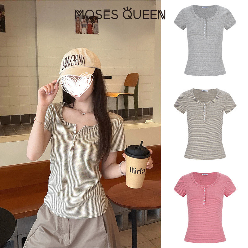 MOSESQUEEN เสื้อยืดแขนสั้นลายสก๊อตลายทางของ มอสเนสควีน เฮนรี่ สําหรับฤดูร้อนใส่เข้ารูปสไตล์เกาหลีที่ทําให้ร่างกายดูผอมเพรียว #64007