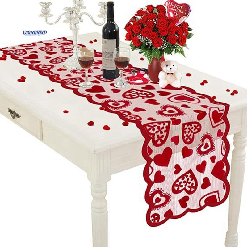 Chuangtfx03Red Lace Table Runner Heart Decor Table Runner 13 X 72 นิ้ว, Wedding Valentines Day Roman