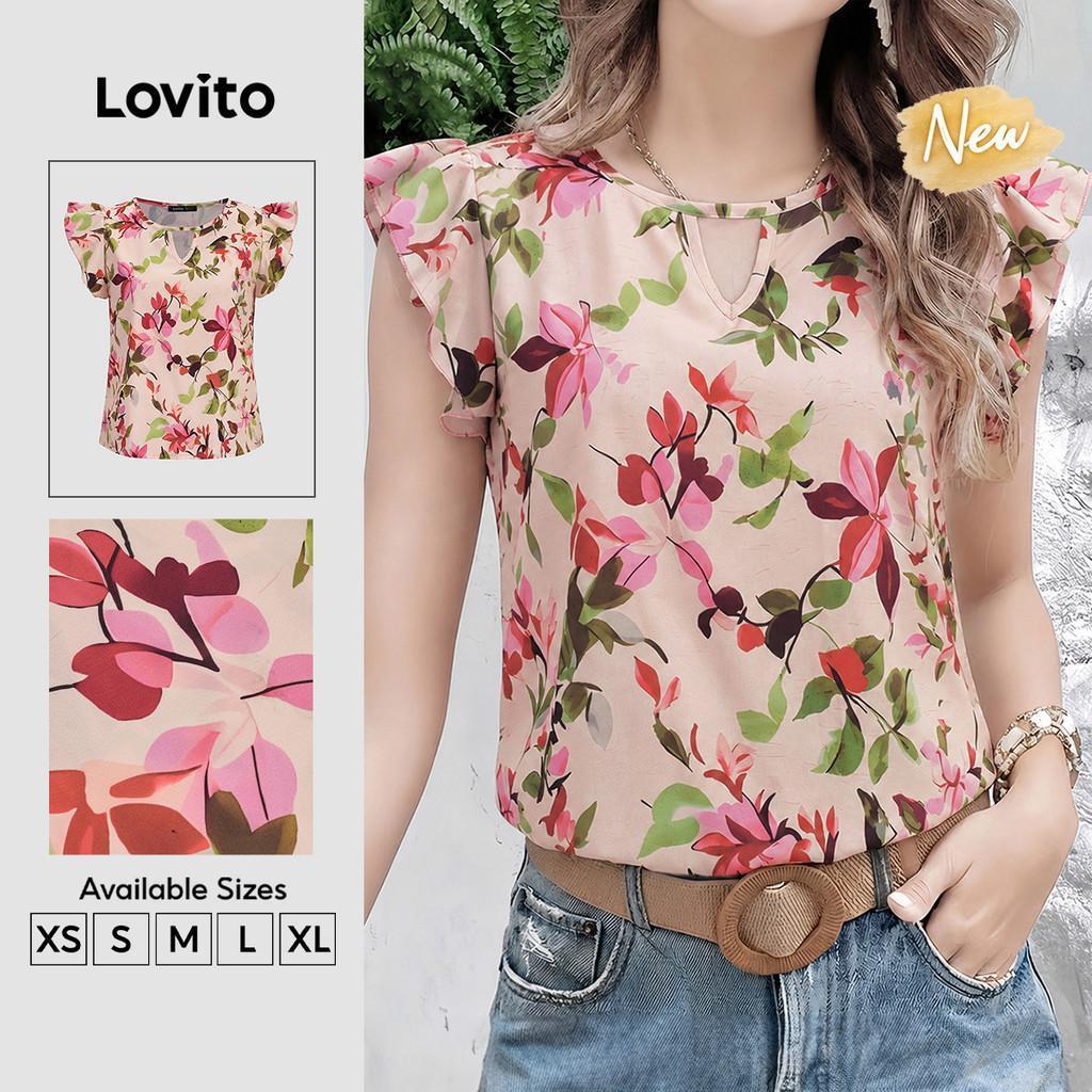 (New Arrival) Lovito เสื้อเบลาส์โบฮีเมียน คอเว้า ระบายเดรป สีชมพู สําหรับผู้หญิง BLK8P1D212