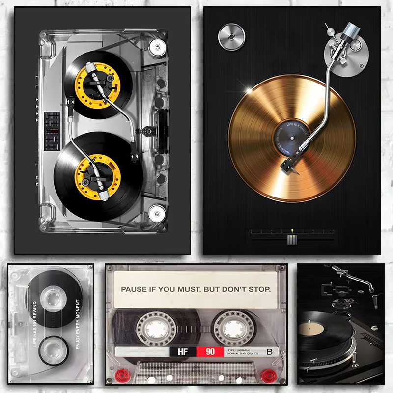 Vintage Cassette Poster Cassette DJ Turntable Canvas Prints Painting Gold Vinyl DJ Turntable Wall Ar