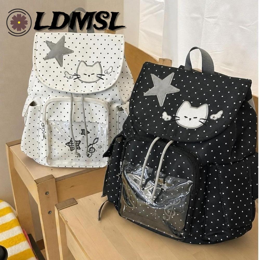 LDMSL Ita Backpack, Polka Dot Sweet Cat Drawstring Backpack, Casual Nylon Large Capacity Travel Dayp