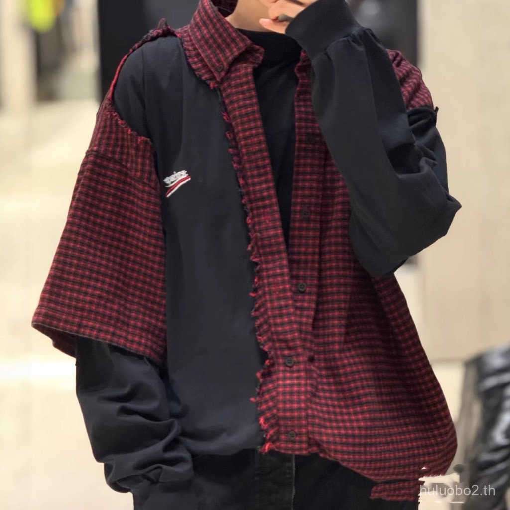 IYS1 BL * G Home 26 สไตล์ใหม่ลายสก๊อตเย็บเสื้อแขนยาว OS รุ่นหลวมผู้ชายผู้หญิงสไตล์เดียวกัน