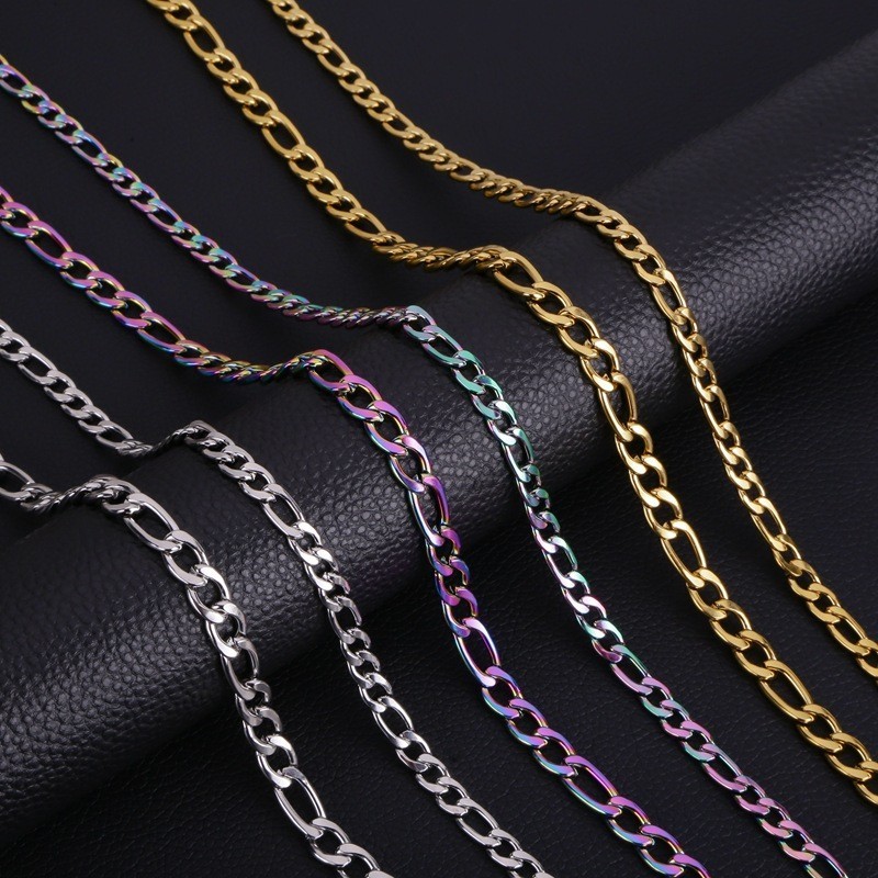 Figaro Chain 3 มม./4 มม./5 มม./7 มม./9 มม.สแตนเลส NK3: 1 สร้อยคอคิวบาสูญญากาศการเก็บรักษาสีไฟฟ้า