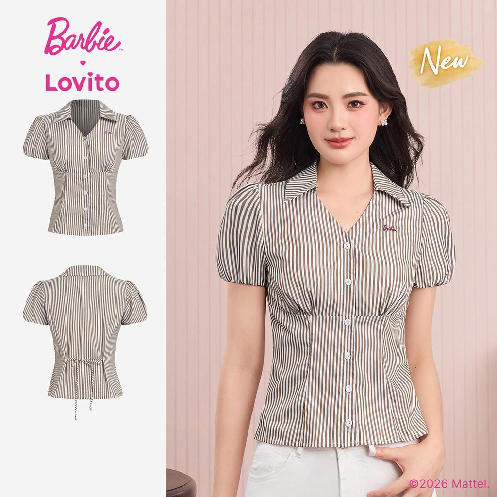 (New Arrival) Barbie™ X Lovito เสื้อเชิ้ตเบลาส์ลําลองสีน้ําตาลปักลายลูกไม้แบบผูกฤดูใบไม้ผลิ/ฤดูร้อนสําหรับผู้หญิง BLBL6PAD012
