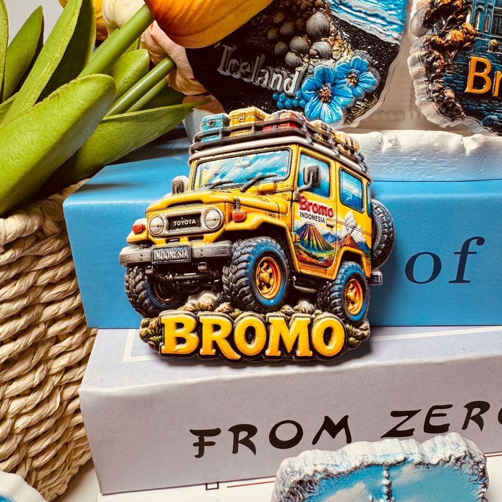 อินโดนีเซีย Siah Bromo Volcano Creative Jeep Tourist ของที่ระลึกตกแต่งบ้านของสะสมตู้เย็นสติกเกอร์แม่เหล็กตู้เย็นสติกเกอร์ Landmark อาคาร