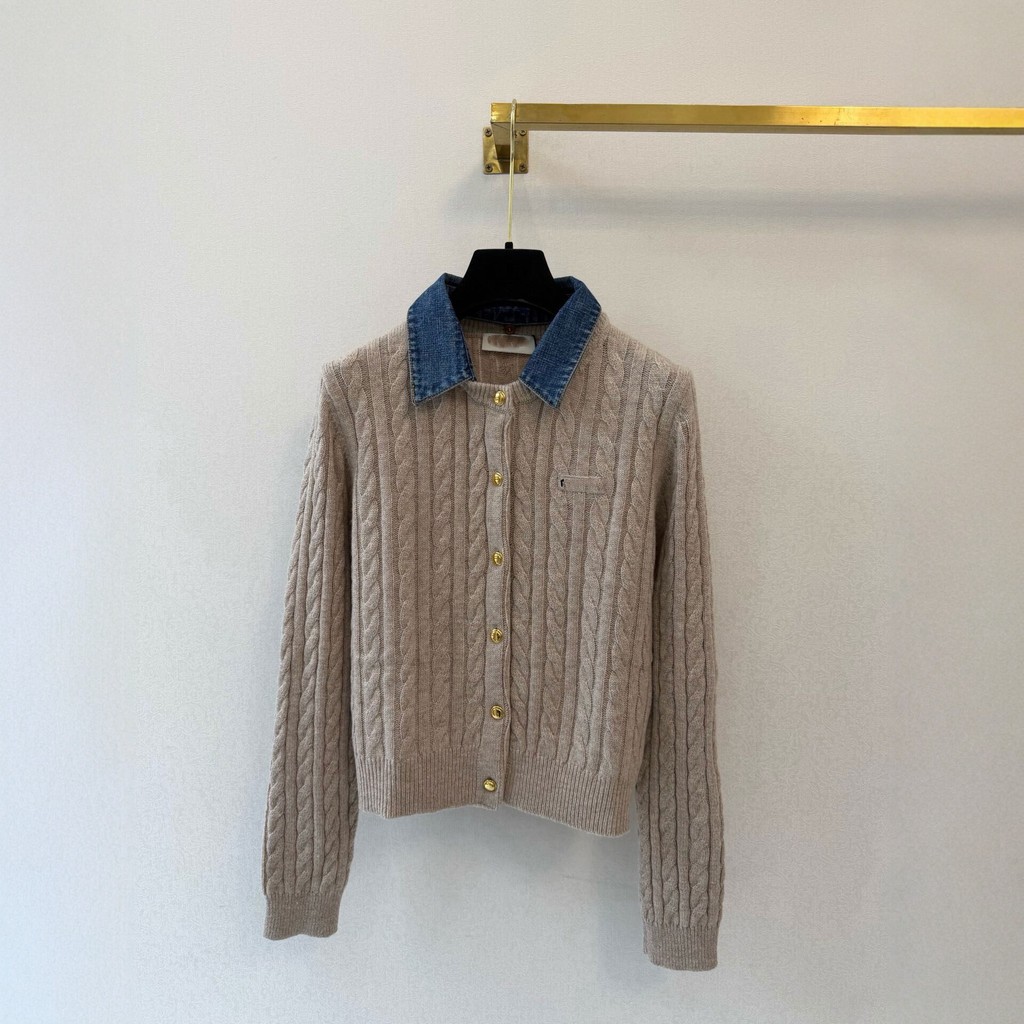NJF8 MM*I  26Autumn and winter denim collar twist knit cardigan women's long-sleeve sweater coat top