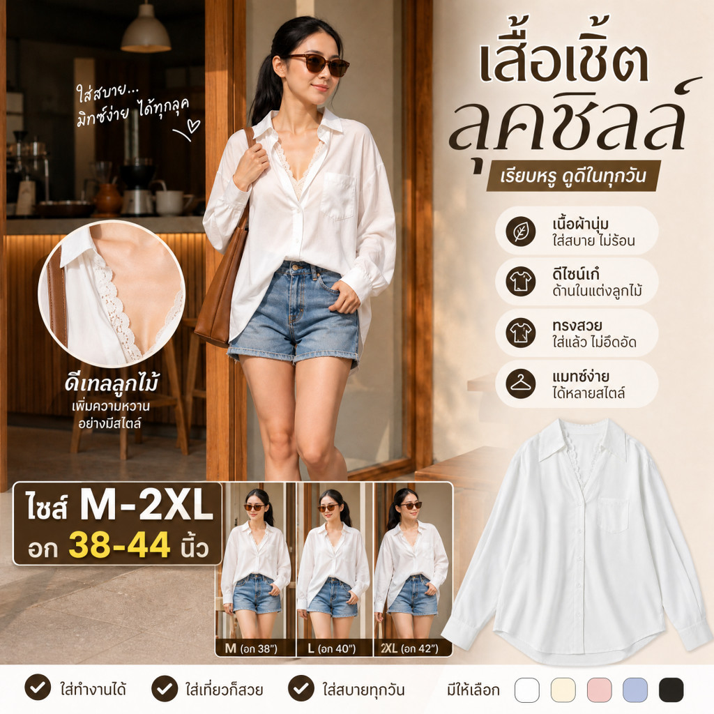 Suysuy พร้อมส่ง เสื้อเชิ้ต แขนยาว คอปก คอแต่งลูกไม้ เก๋ๆ ชิคๆ มีกระเป๋าหน้า 1 ข้างใช้งานได้จริง เว้าเอว ผ้าคอตตอน