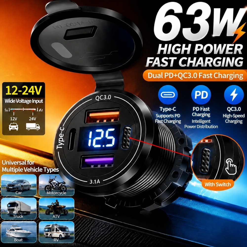 12-24V Universal 63W Car Charger Socket PD30W + QC3.0 USB C Fast Charger LED Digital Voltmeter & สวิ