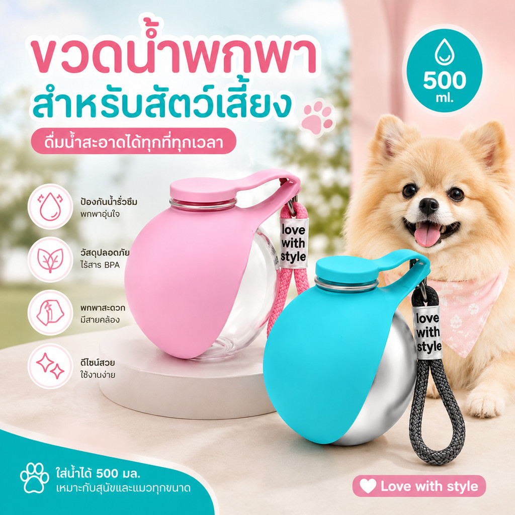 ขวดน้ำพกพาสัตว์เลี้ยงกันรั่ว วัสดุปลอดภัย ไม่มีสารพิษ ใช้งานมือเดียวได้สะดวก เหมาะอากาศร้อนพาสัตว์ออกไปเดินเล่นกลางแจ้ง