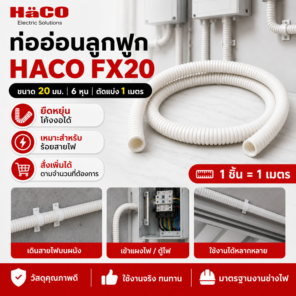 (1 เมตร) Haco ท่ออ่อนลูกฟูก 20 มิล 6 หุน พีวีซี ชนิดหนา สำหรับ ร้อยสายไฟ สีขาวสำหรับ งานไฟฟ้า งานโทรศัพท์