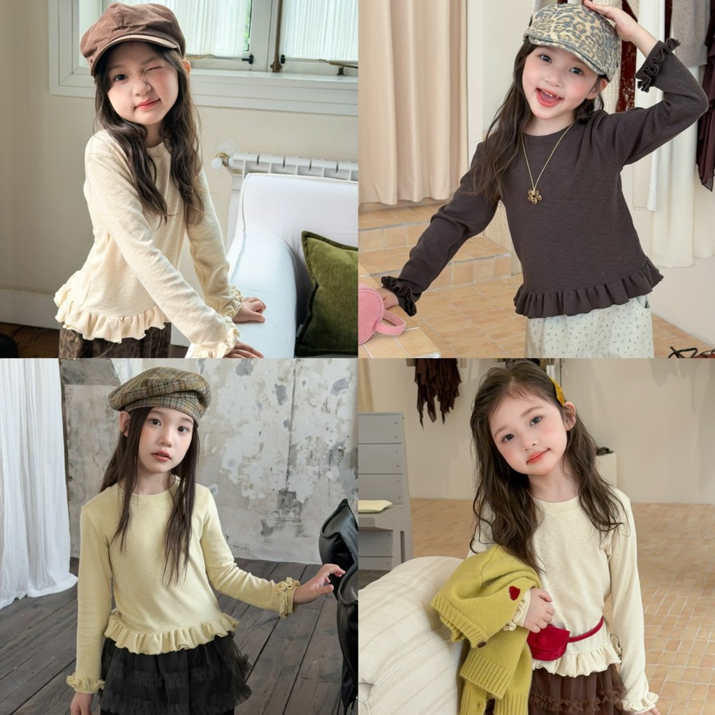 PRETTY BABY เสื้อแขนยาวเด็ก เสื้อยืดคอกลม แต่งระบาย แฟชั่นเด็ก(2409)