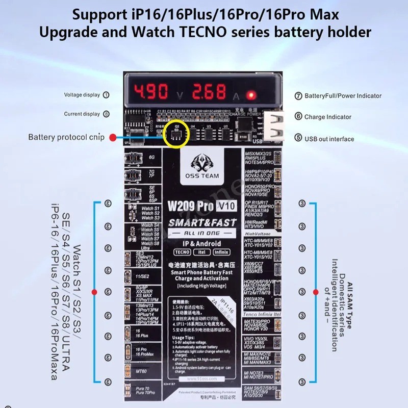 W209 Pro V10 บอร์ดเปิดใช้งานแบตเตอรี่สําหรับ 6-X 11 12 13 14 15 16 Samsung Xiaomi Android Circuit Bo