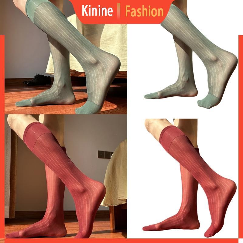 KIN Mens Business Nylon Sheer Dress Socks Thin See Through Wide Striped Long Socks