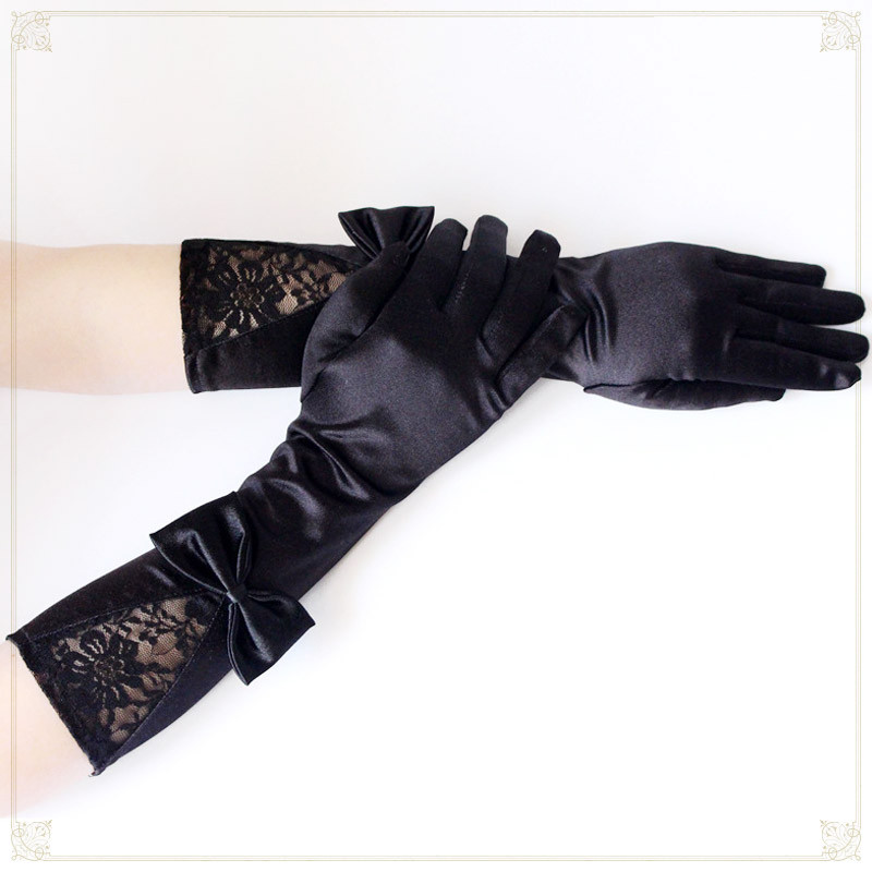 Lolita Lolita Lolita Gothic Retro Bow ถุงมือลูกไม้สีดําแม่ชีแสดงพิธีการชุดจับคู่จัดเลี้ยง