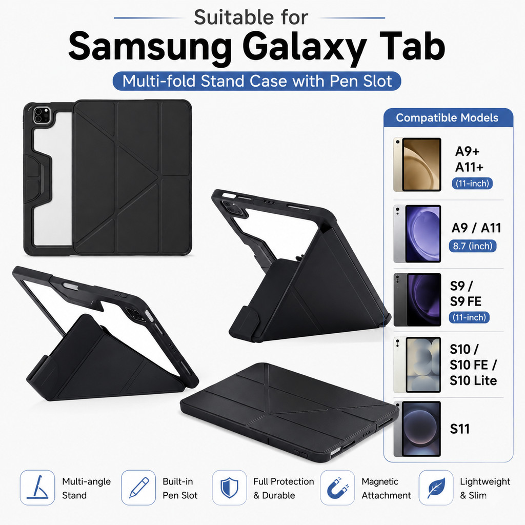 เคส Samsung Galaxy Tab Y‑Fold 4‑in‑1 ขาตั้งหลายมุม มีช่องปากกา กันกระแทก สำหรับ A9 A9+ A11 A11+ S9 S