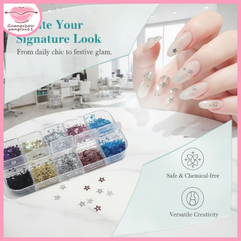 [GZ] สีสัน Glitter 3D เล็บ Rivets 12 กริด Five-pointed Star Sequins DIY อุปกรณ์ทําเล็บสําหรับเล็บศิล