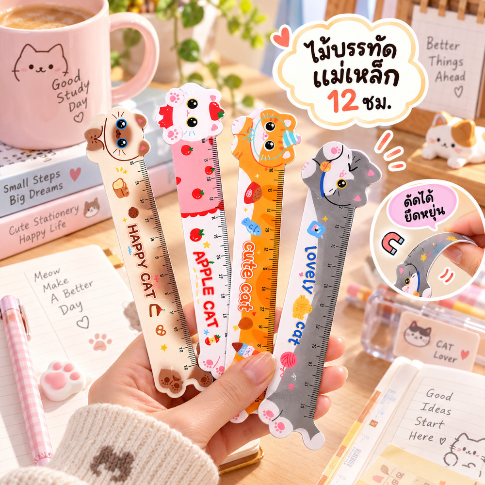 S0627 ไม้บรรทัดแม่เหล็ก ลายแมว น่ารัก ดัดงอได้ 12ซม. ใช้เป็นที่คั่นหนังสือได้ เครื่องเขียน