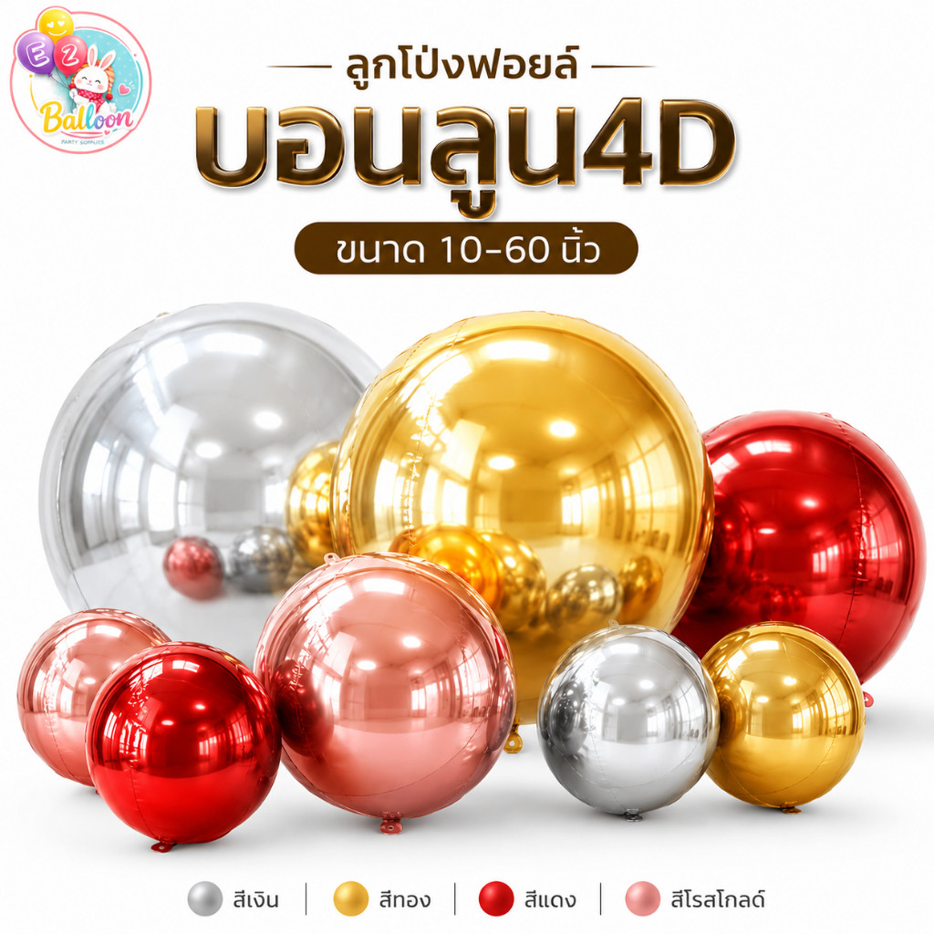 ลูกโป่งฟอยล์กลม 4D บอลกลมโลหะ ขนาดใหญ่ 10นิ้ว 60นิ้ว สีเงิน สีทอง สีแดง โรสโกลด์