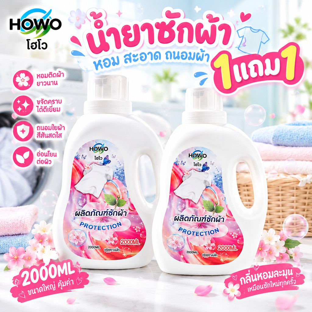 (1 เเถม 1 )น้ำยาซักผ้า HOWO ขนาด 2000 มล. ขจัดคราบลึก หอมละมุน อ่อนโยนต่อผ้า