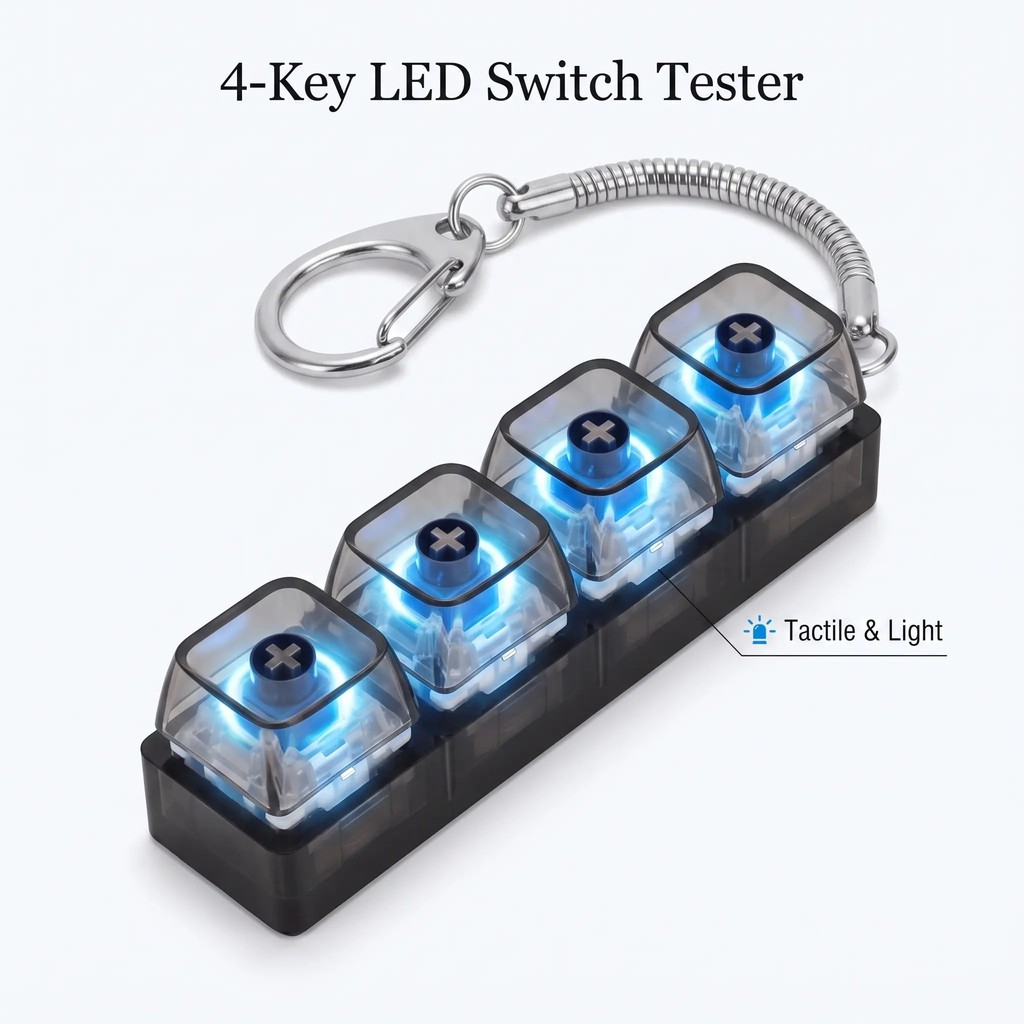 2 สไตล์ LED Glow 4-Keys Mechanical Keyboard Switch Tester พวงกุญแจ - Transparent & Smoky Black Shell