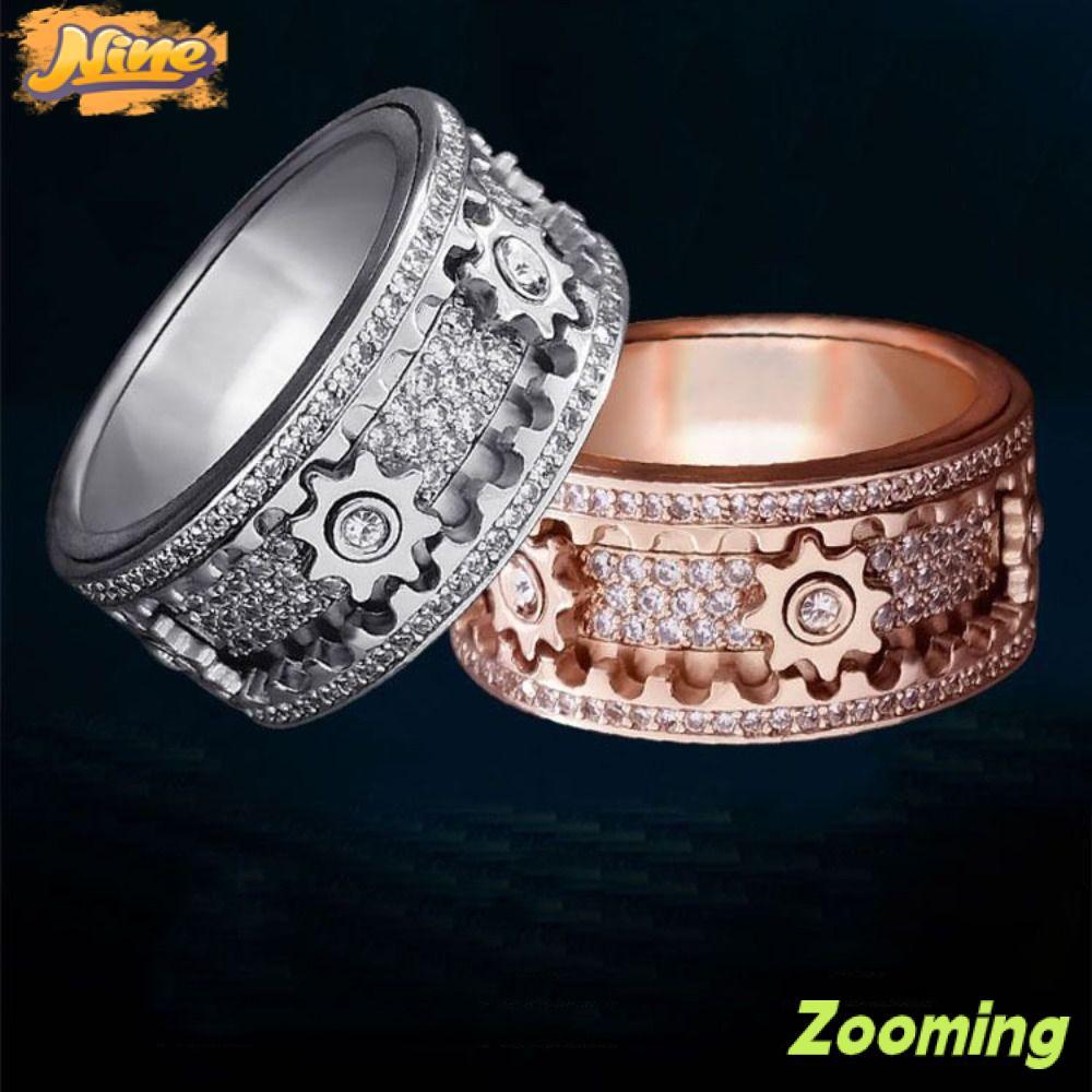 ZOOMING Gear Spinner Rings Handmade Diamond Orate Mechanical Band Ring