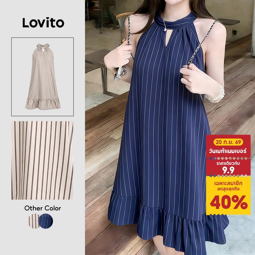 Lovito เดรสสีน้ําเงินเข้มสไตล์หรูชายระบายแต่งระบาย ดีไซน์เส้นสายฤดูร้อน/ฤดูร้อนสําหรับผู้หญิง L196ED665