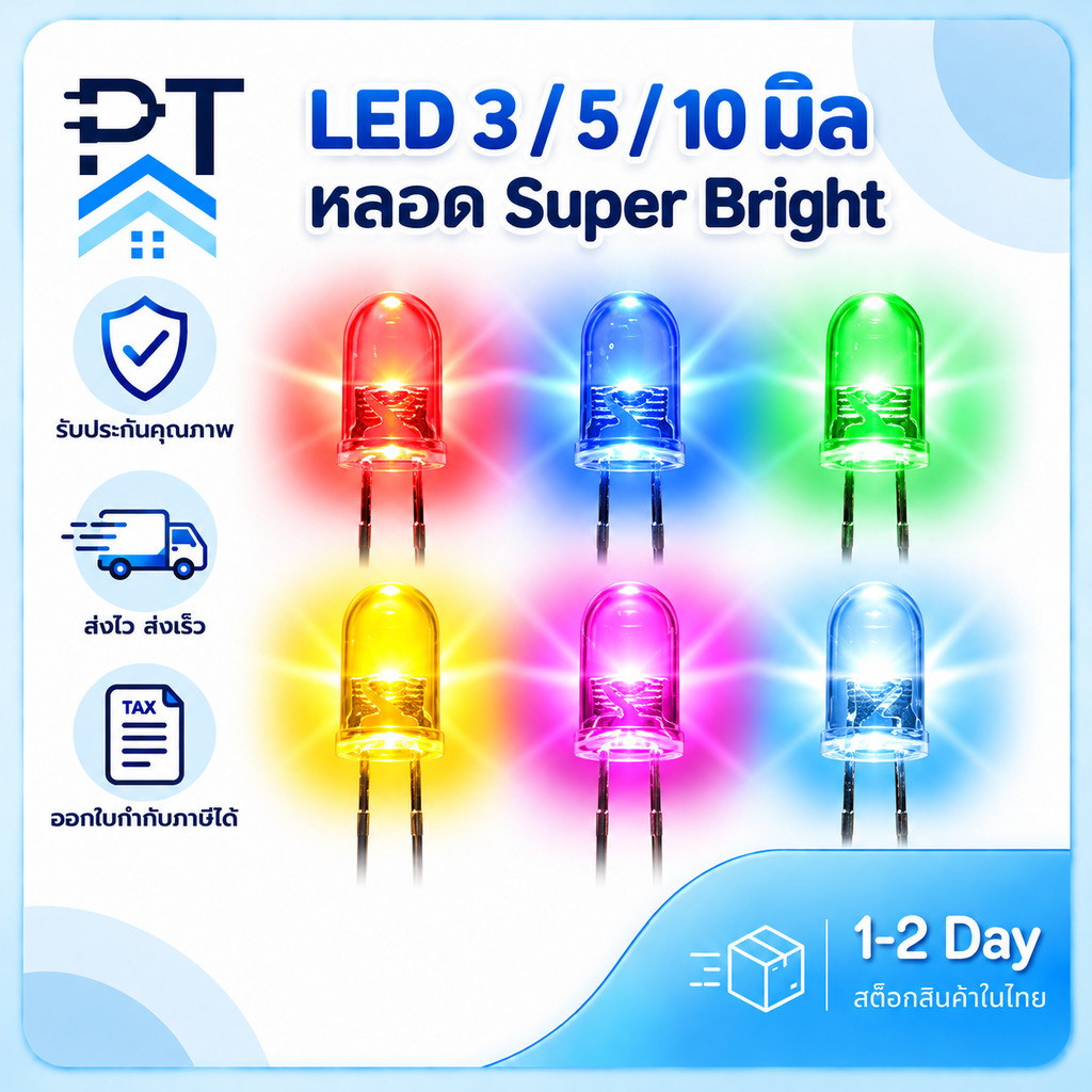 หลอดไฟ LED Super Bright 3mm 5mm 10mm สีขาว สีแดง สีเหลือง สีเขียว สีน้ำเงิน