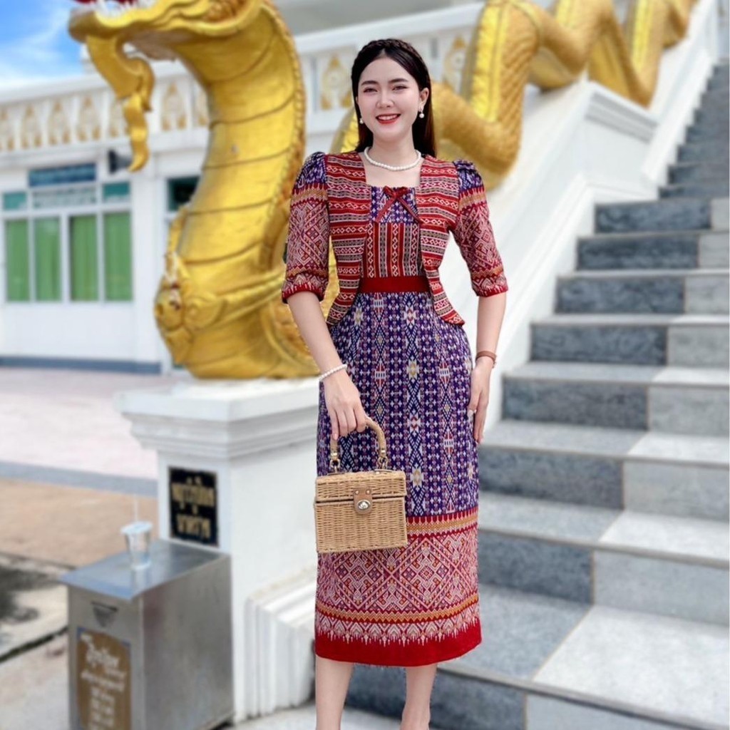 CK เดรสยาวรุ่นคอเหลี่ยมปกหน้า ตกแต่งโบว์ ผ้าฝ้ายพิมพ์ลาย