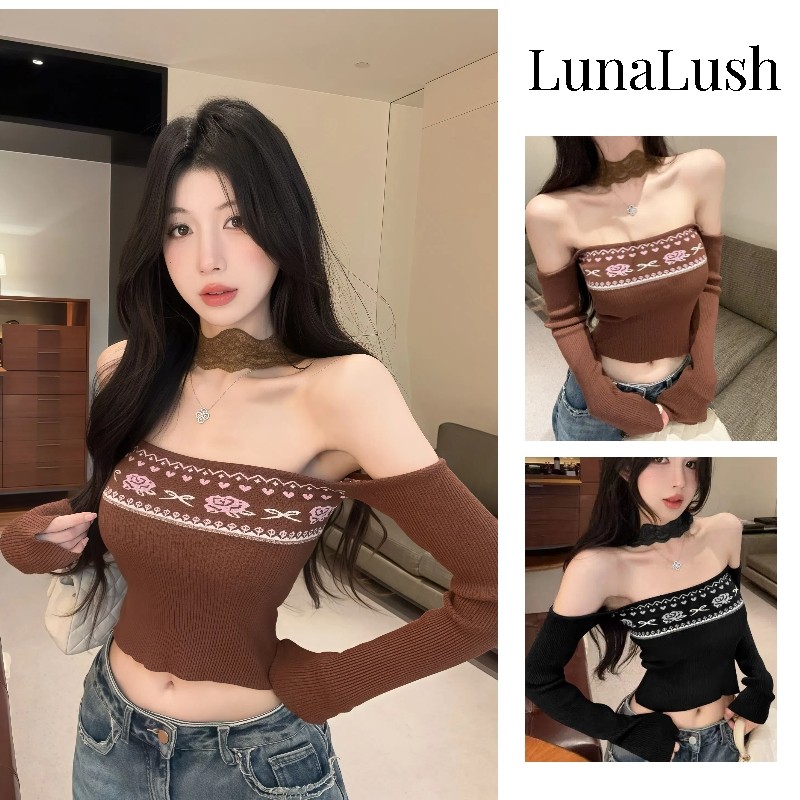 LunaLush✨เสื้อคุณภาพดี เสื้อไหมพรมเปิดไหล่ ผ้าถัก แขนยาว สไตล์โบฮีเมี่ยน เปิดไหล่"31122"