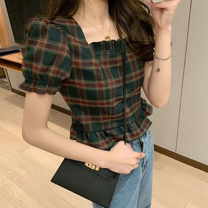 เสื้อครอป เสื้อแฟชั่น Chuchu เสื้อเชิ้ตตัวสั้นลายสก๊อตคอเหลี่ยมย้อนยุคแขนพองสำหรับคนตัวเล็กให้ความรู