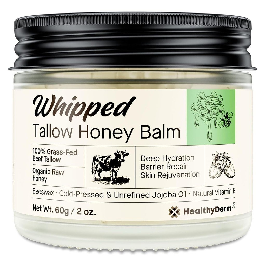 Beef Tallow Honey Balm for Skin: 100% Grass Fed Whipped Organic Moisturizer with Organic Raw Honey, 