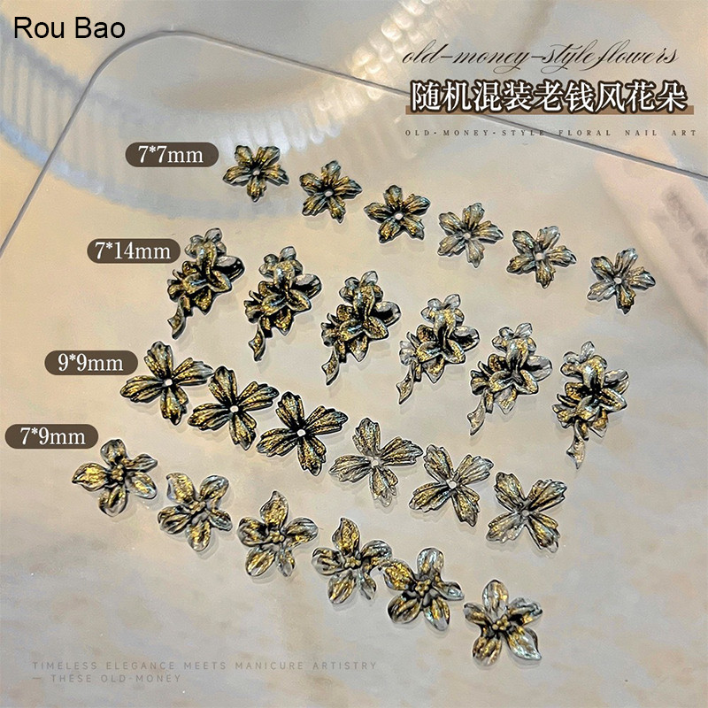 Rou Bao 50 ชิ้นเล็บแกะสลักนุ่มดอกไม้ Retro Gilded ดอกไม้เรซิ่นเล็บ Art DIY Charms ตกแต่ง