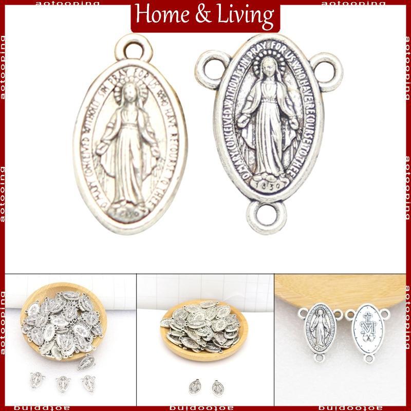 AOTO 10 ชิ้น เหรียญจี้โบราณรูปไข่แบบ Virgin Mary สีเงิน-Oxidized สำหรับทำสร้อยคอ