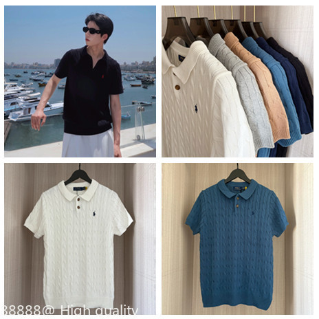 สินค้าใหม่ป้ายม้าปักเสื้อโปโลถักแฟชั่นลําลองหลวมผู้ชายผู้หญิงแขนสั้นด้านบน