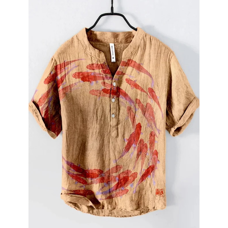 เสื้อเชิ้ตสไตล์ฮาวาย ผ้าลินิน ลายปลามีให้เลือกทั้งขนาดผู้ชายและผู้หญิง เหมาะสำหรับใส่ลำลอง - รูปที่ 3