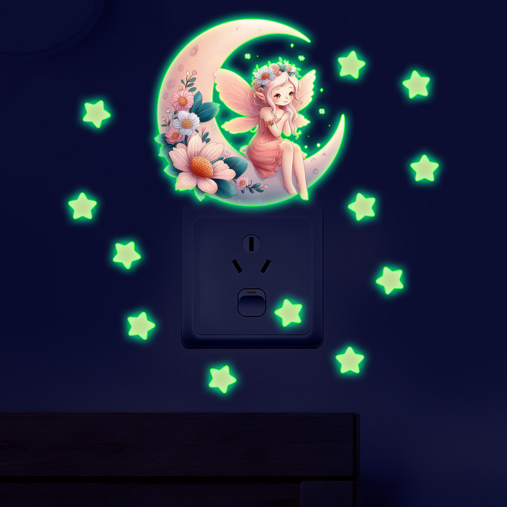 สติกเกอร์ติดผนังการ์ตูน Luminous Moon และ Elf Star ลายดอกไม้น่ารัก สามารถถอดออกได้ง่าย ใช้ประดับห้องนอนของลูกหรือตกแต่งบ้าน