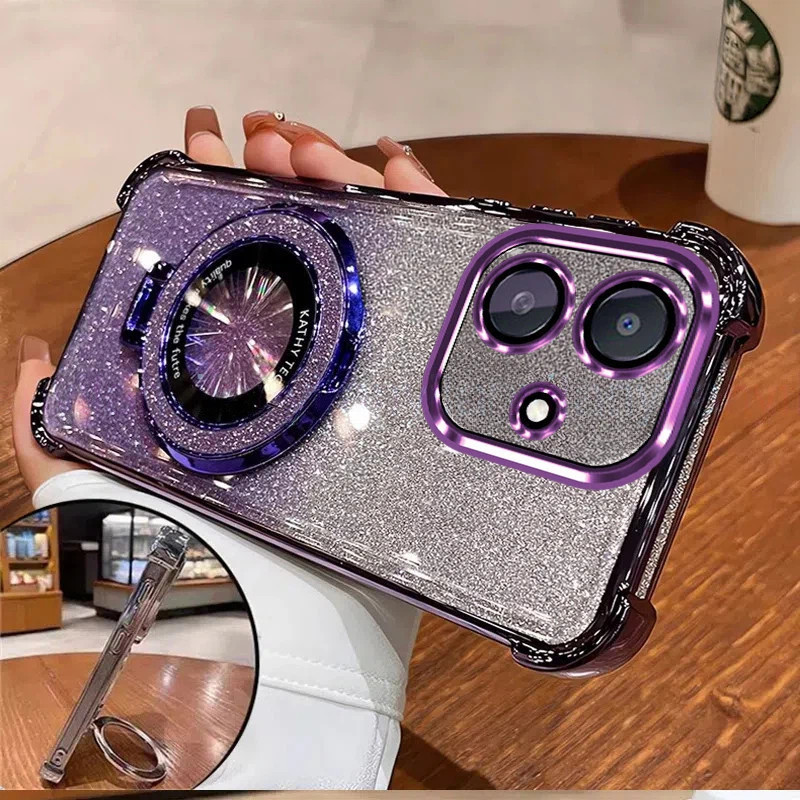 เคส  OPPO A3 A3X 4G 5G A3 Pro A5 Pro 5G A6 Pro 4G สี่มุมกันกระแทกชุบGlitterเคสโทรศัพท์แม่เหล็กดูดคลุมทั้งหมดพร้อมขายึด