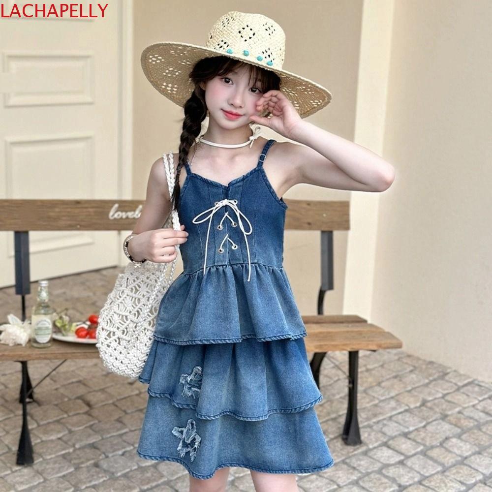 LACHAPELLY Girls Cowboy Dress, Princess Sleeve Children Denim Strap Skirt, Seaside Style Cake Dress 