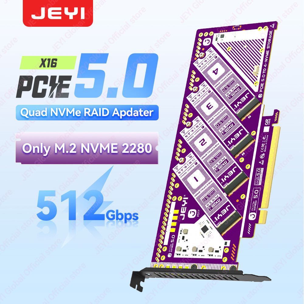 JEYI PCIe 5.0 X16 Quad M.2 การ์ดขยาย-4-Bay NVMe RAID 0/1/5/JBOD อะแดปเตอร์ 512 กิกะไบต์/วินาทีความเร็ว 8TB ต่อ SSD ใช้งานร่วมกับ PCIe 4.0/3.0